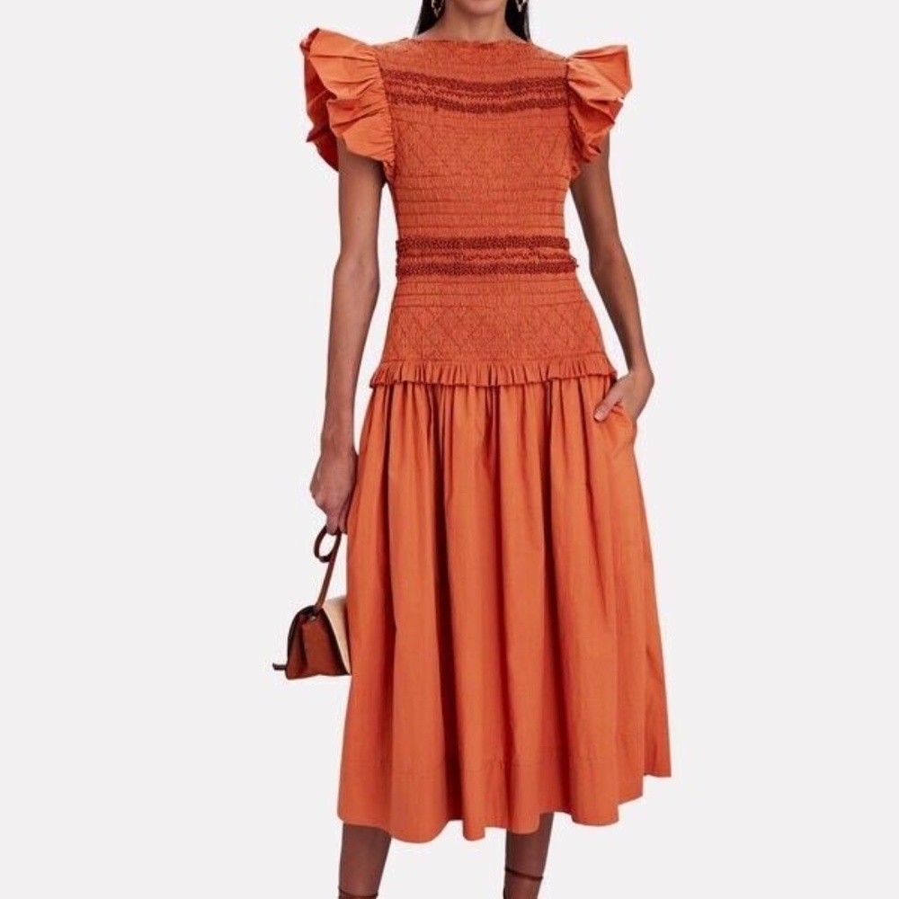 Ulla Johnson Midi Dress Smocked Cotton Poplin Madeline Clay size 8 FA220150 New - Picture 4 of 15